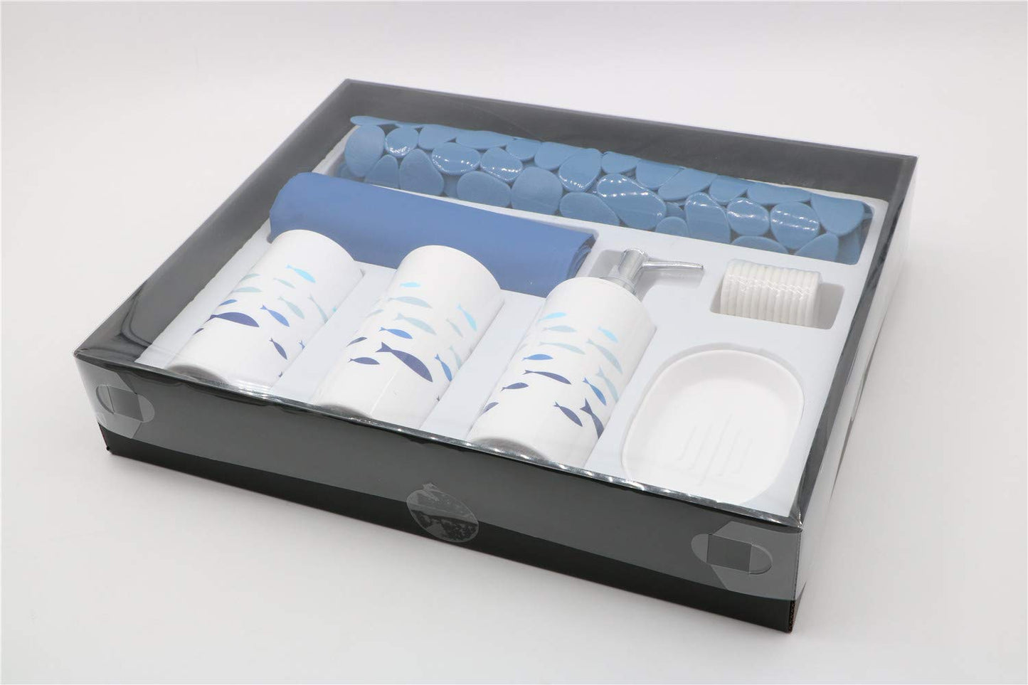 FurnitureXtra Modern Design 7 Piece Plastic Bathroom Accessory Set, Soap Dish, Tooth Brush Holder, Soap Dispenser, Tumbler, Shower Curtain, Curtain Rings and Bathmat