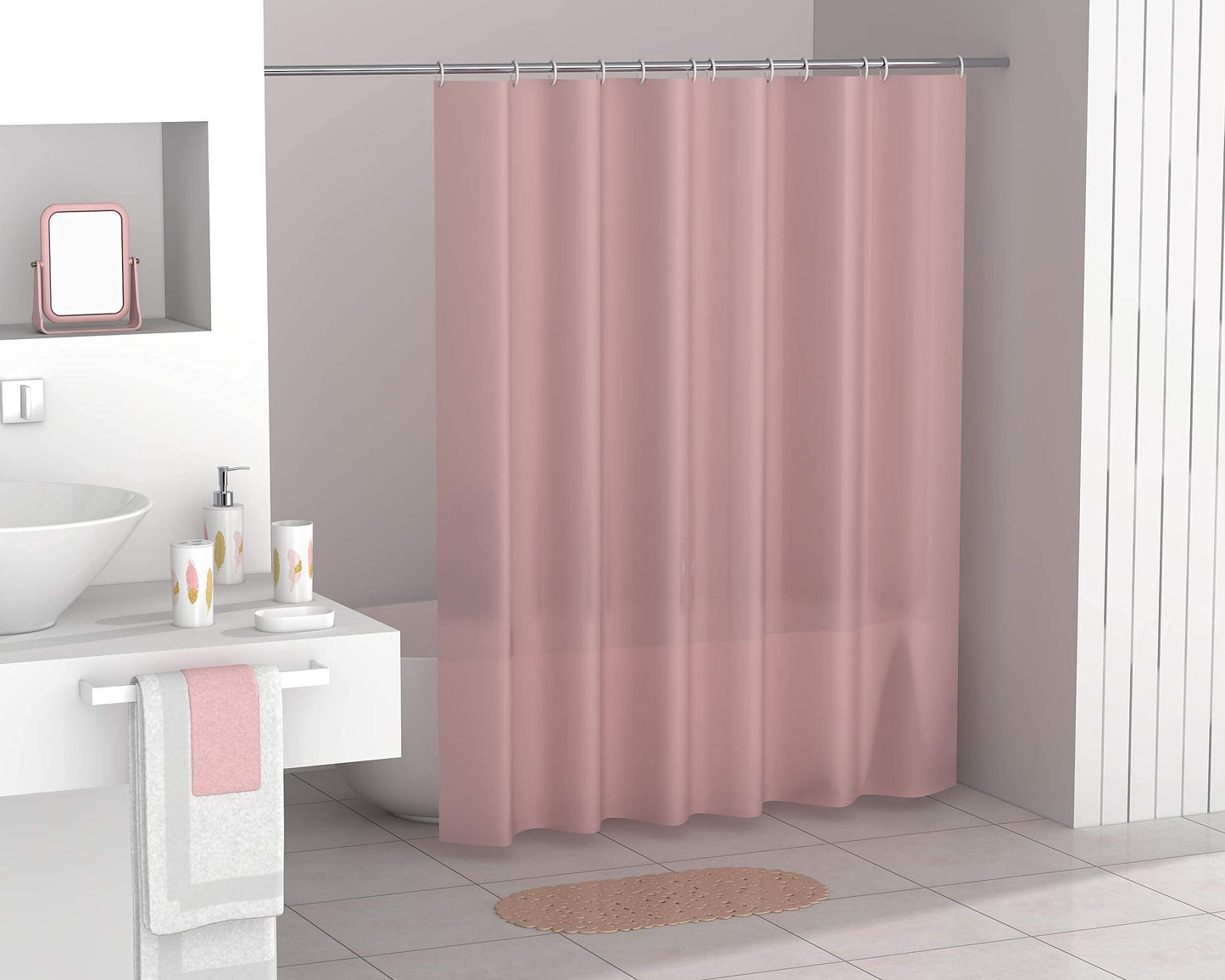 FurnitureXtra Modern Design 7 Piece Plastic Bathroom Accessory Set, Soap Dish, Tooth Brush Holder, Soap Dispenser, Tumbler, Shower Curtain, Curtain Rings and Bathmat
