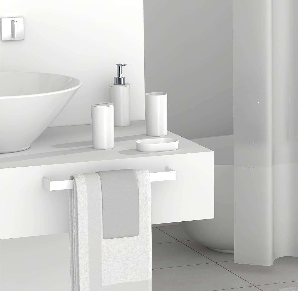 FurnitureXtra Modern Design 7 Piece Plastic Bathroom Accessory Set, Soap Dish, Tooth Brush Holder, Soap Dispenser, Tumbler, Shower Curtain, Curtain Rings and Bathmat
