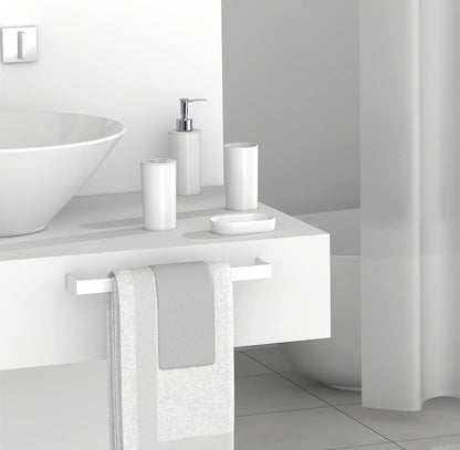 FurnitureXtra Modern Design 7 Piece Plastic Bathroom Accessory Set, Soap Dish, Tooth Brush Holder, Soap Dispenser, Tumbler, Shower Curtain, Curtain Rings and Bathmat