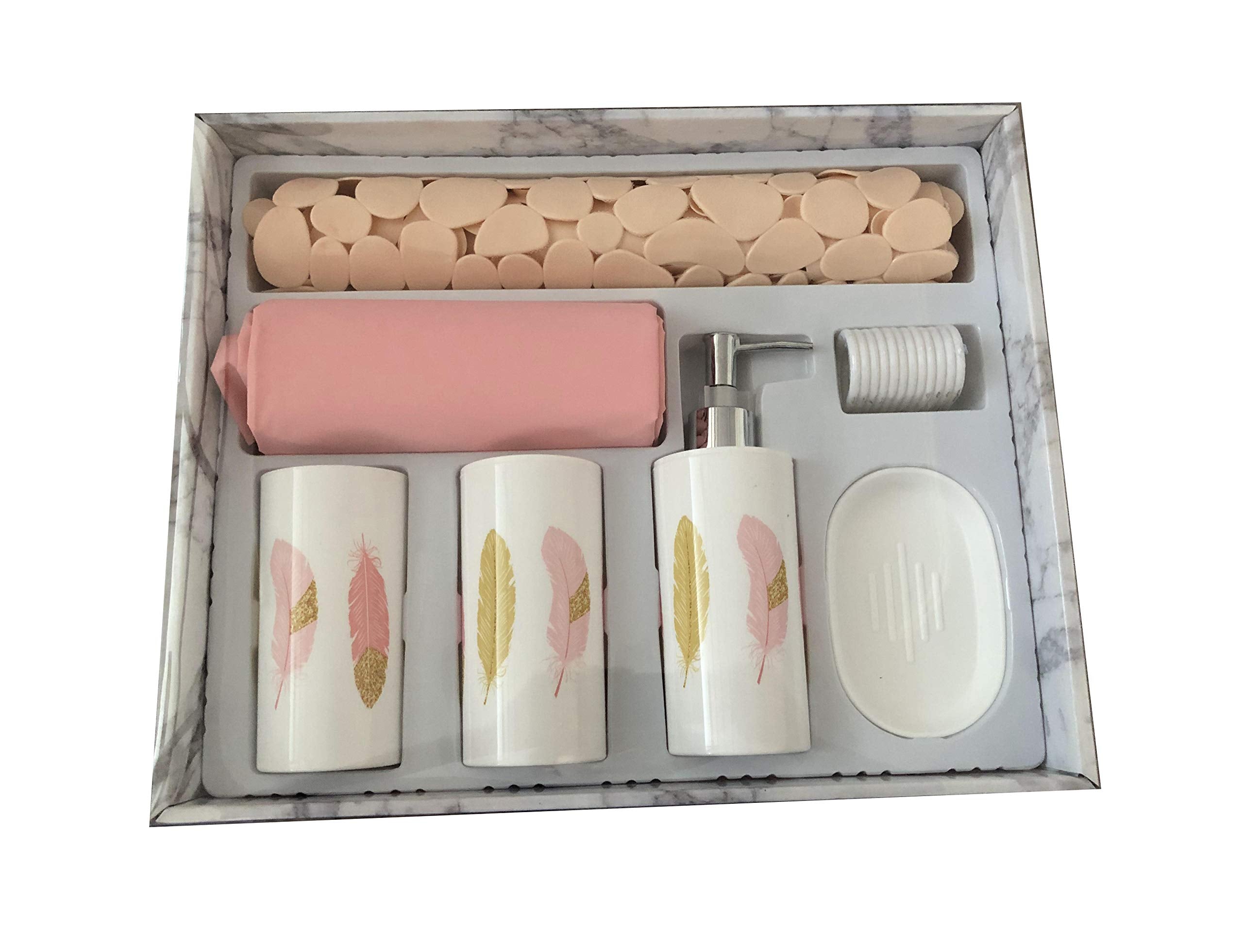 Modern 7-Piece Plastic Bathroom Accessory Set – Soap Dish, Toothbrush Holder, Soap Dispenser, Tumbler, Shower Curtain, Curtain Rings & Bathmat