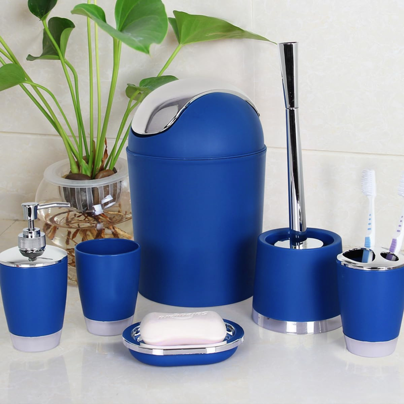 Bathlux Modern Design 6 Piece Bathroom Accessory Set, Toilet Brush, Waste Bin, Soap Dish, Tooth Brush Holder Soap Dispenser, Rinse Cup (Blue)
