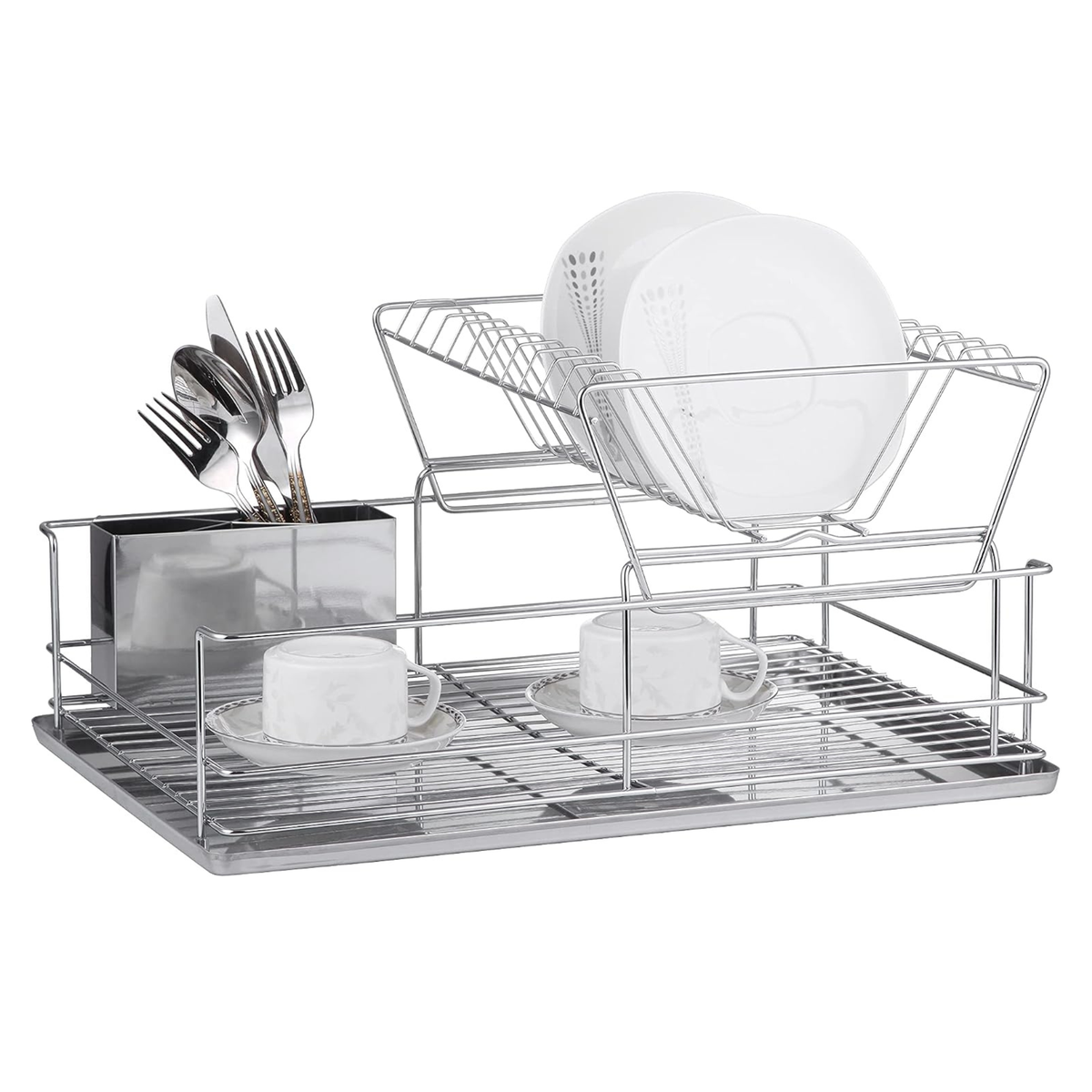 Stainless Steel Dish Drainer with Drip Tray and Cutlery Holder (2 Tier Steel)