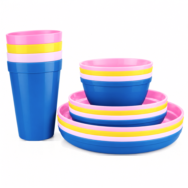 Fingey Plastic Dinnerware Set of 16 Pieces, Reusable Light Weight Plates Mugs Bowls Dishes Microwave Safe BPA Free Dishwasher Safe Service for 4 (Multi 16 Piece)