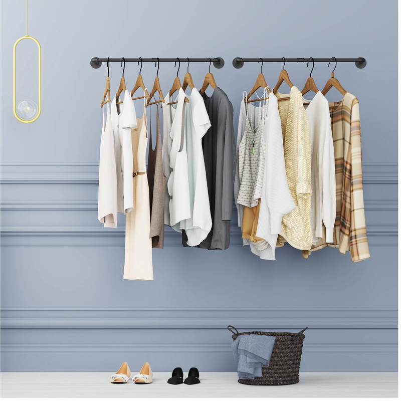 Fingey Metal Rod Hanger Set of 2, Wall Mounted Clothes Rail, 92cm Industrial Pipe Clothing Rack, Matte Black Metal Garment Hanging Rail for Bedroom, Wardrobe, Laundry Room and Retail Display
