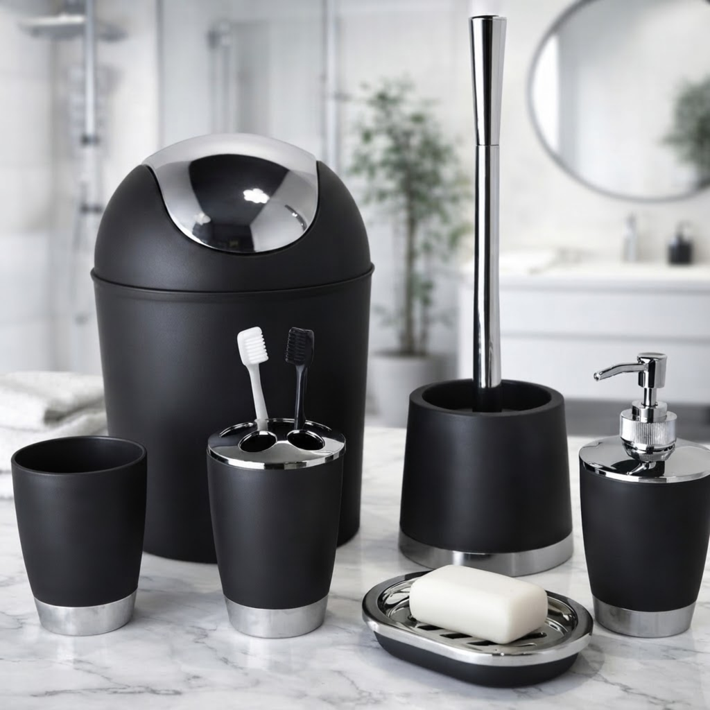 Bathlux Modern Design 6 Piece Bathroom Accessory Set, Toilet Brush, Waste Bin, Soap Dish, Tooth Brush Holder Soap Dispenser, Rinse Cup (Black)
