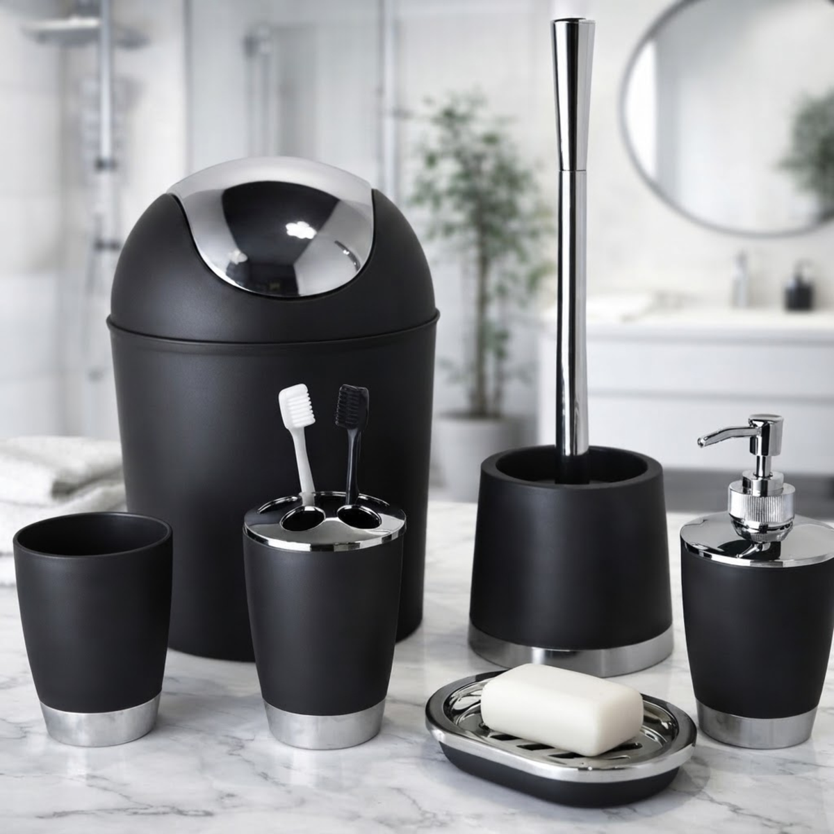 Bathlux Modern Design 6 Piece Bathroom Accessory Set, Toilet Brush, Waste Bin, Soap Dish, Tooth Brush Holder Soap Dispenser, Rinse Cup (Black)