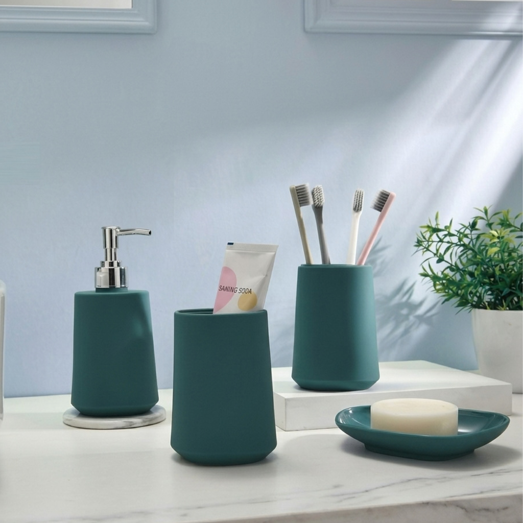 Modern Design 4 Piece Bathroom Accessory Set, Soap Dish, Tooth Brush Holder, Soap Dispenser, Rinse Cup (Teal)