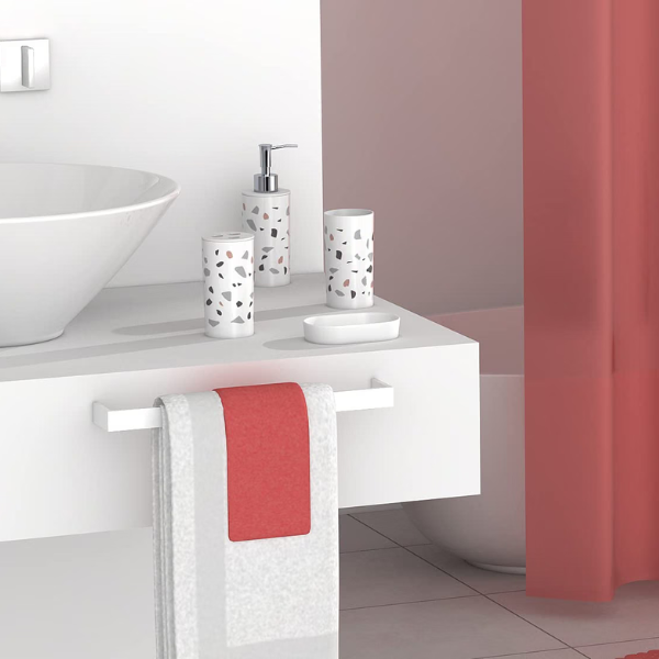 Modern Design 7 Piece Plastic Bathroom Accessory Set, Soap Dish, Tooth Brush Holder, Soap Dispenser, Tumbler, Shower Curtain, Curtain Rings and Bathmat (Red)