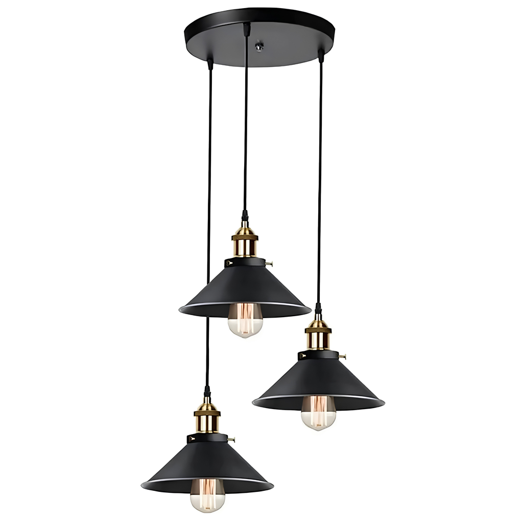 Fingey Set of 3 Industrial Ceiling Pendant Lights, Black Metal Cone Shades with Brass Gold Fittings, Adjustable Hanging Chandelier for Kitchen Island, Dining Room, Living Room, Bedroom, 22cm Shade