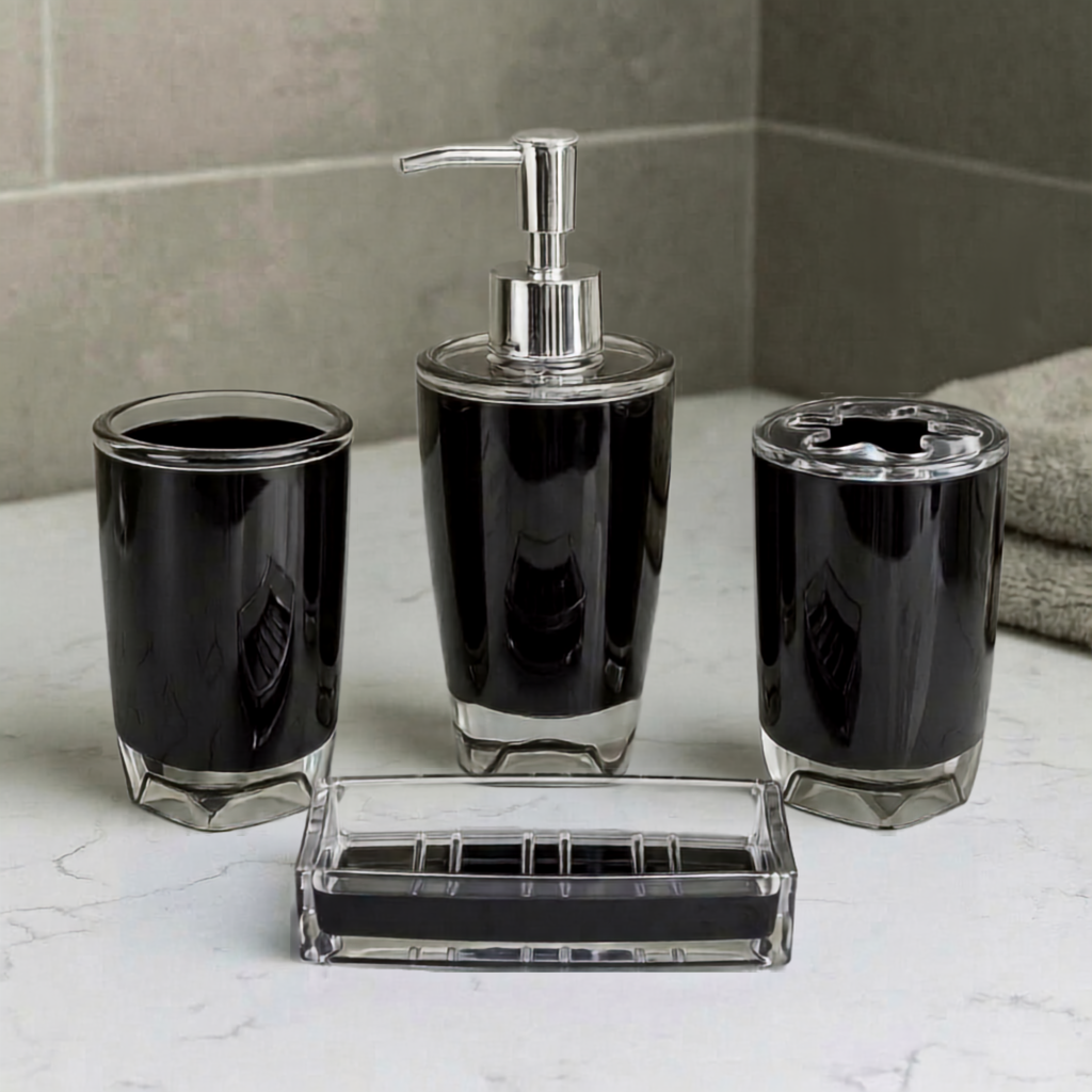 Modern Design 4 Piece Bathroom Accessory Set, Soap Dish, Tooth Brush Holder, Soap Dispenser, Rinse Cup (Black)