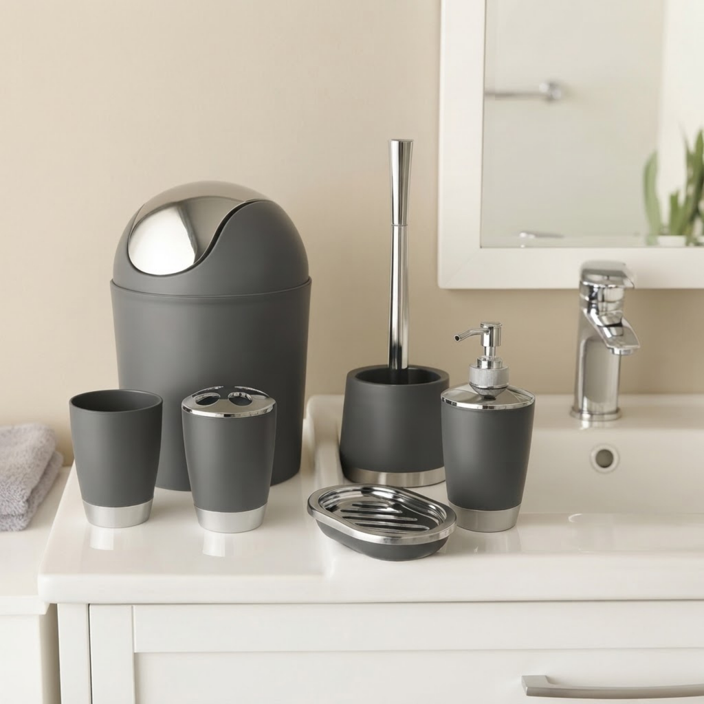 Bathlux Modern Design 6 Piece Bathroom Accessory Set, Toilet Brush, Waste Bin, Soap Dish, Tooth Brush Holder Soap Dispenser, Rinse Cup (Grey)
