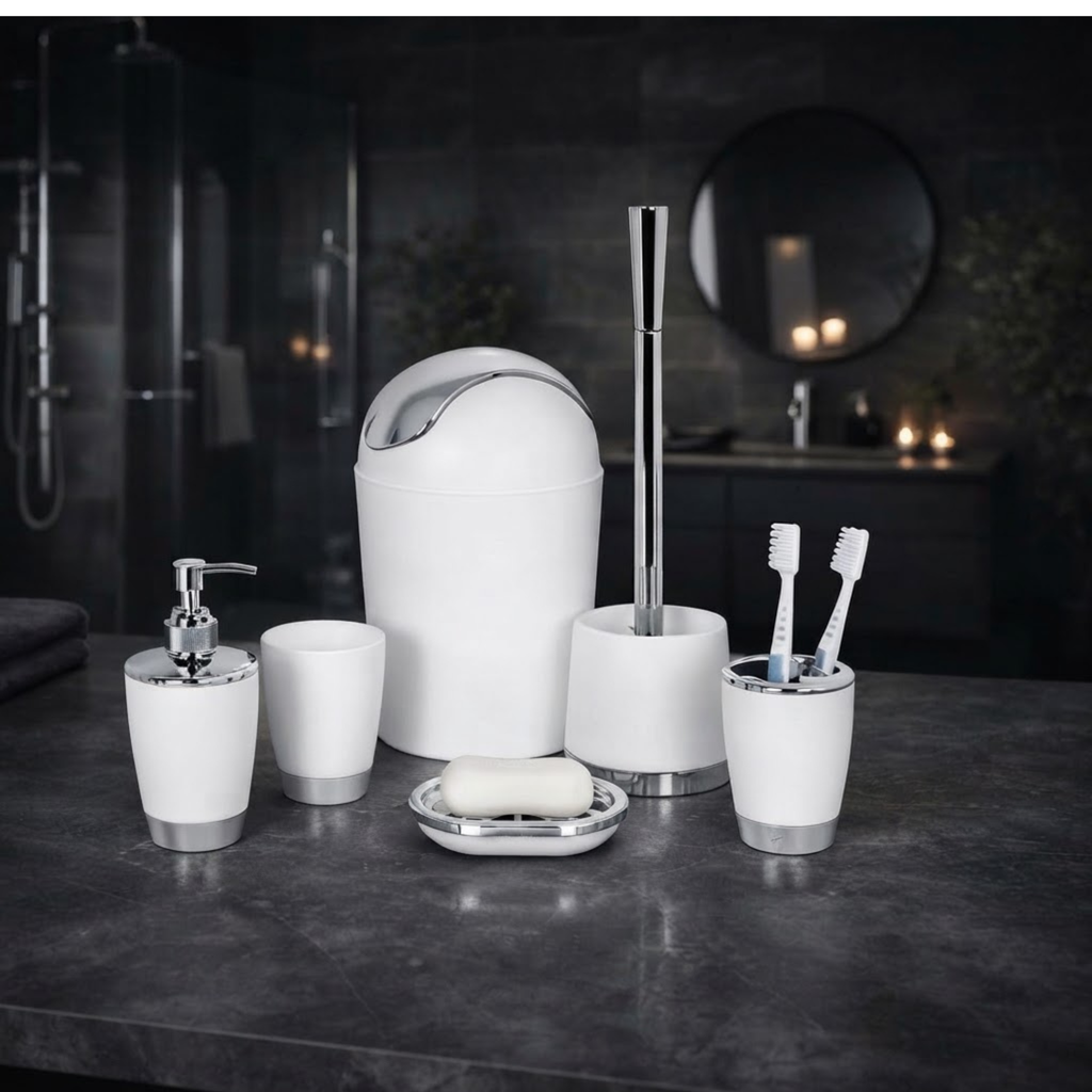 Bathlux Modern Design 6 Piece Bathroom Accessory Set, Toilet Brush, Waste Bin, Soap Dish, Tooth Brush Holder Soap Dispenser, Rinse Cup (White)