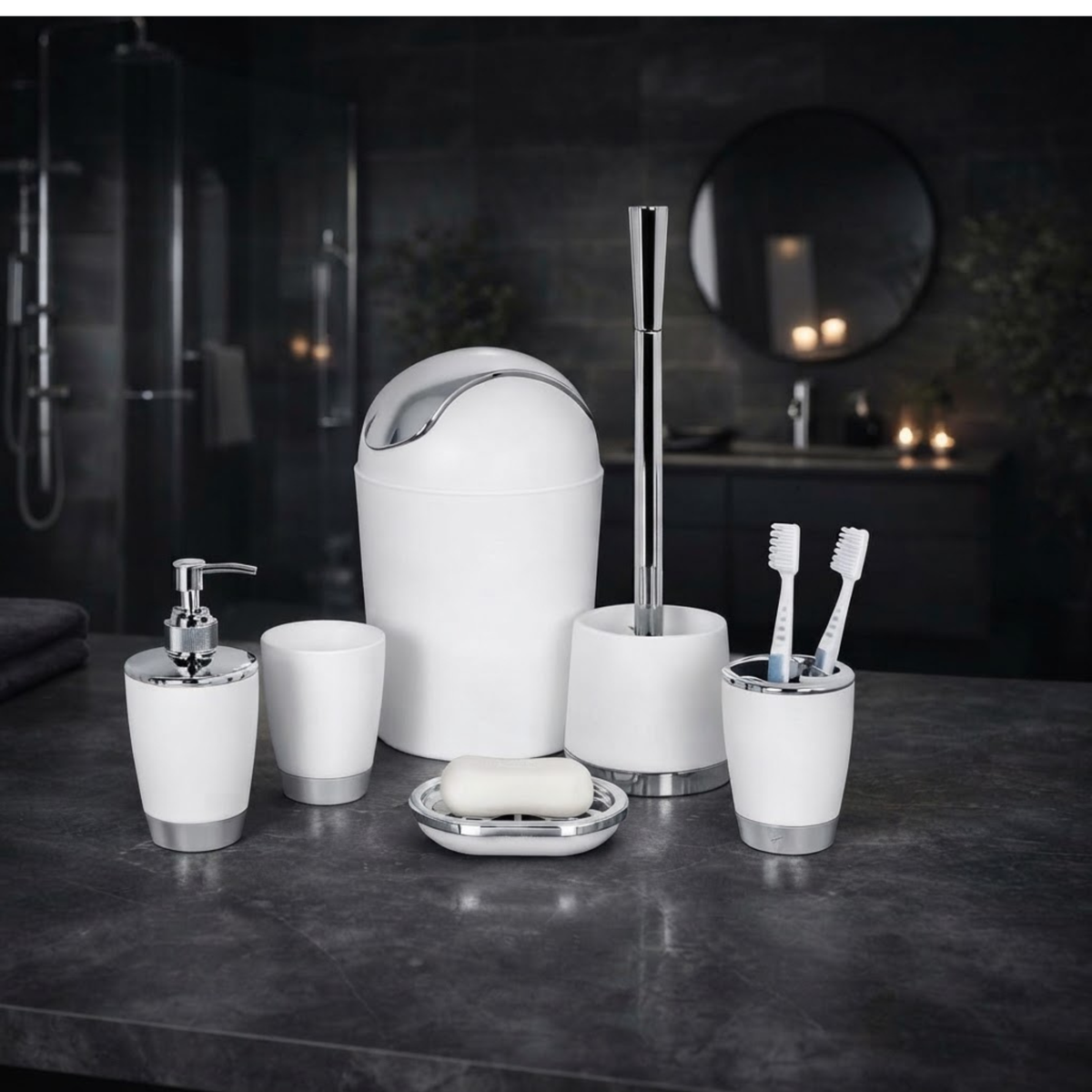 Bathlux Modern Design 6 Piece Bathroom Accessory Set, Toilet Brush, Waste Bin, Soap Dish, Tooth Brush Holder Soap Dispenser, Rinse Cup (White)