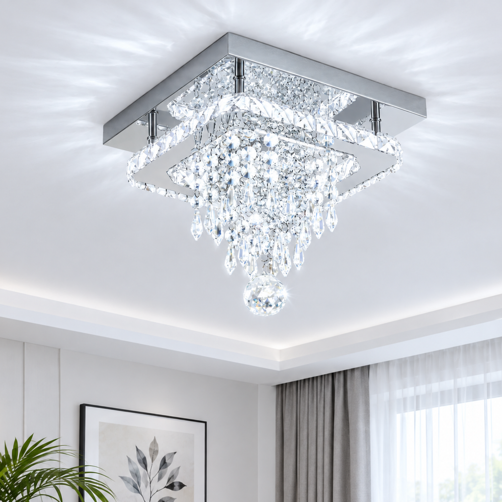 Fingey Crystal Flush Mount Ceiling Light, 25 × 25 cm Square Chrome Finish Ceiling Lamp with K9 Crystal Drops and Faceted Crystal Sphere