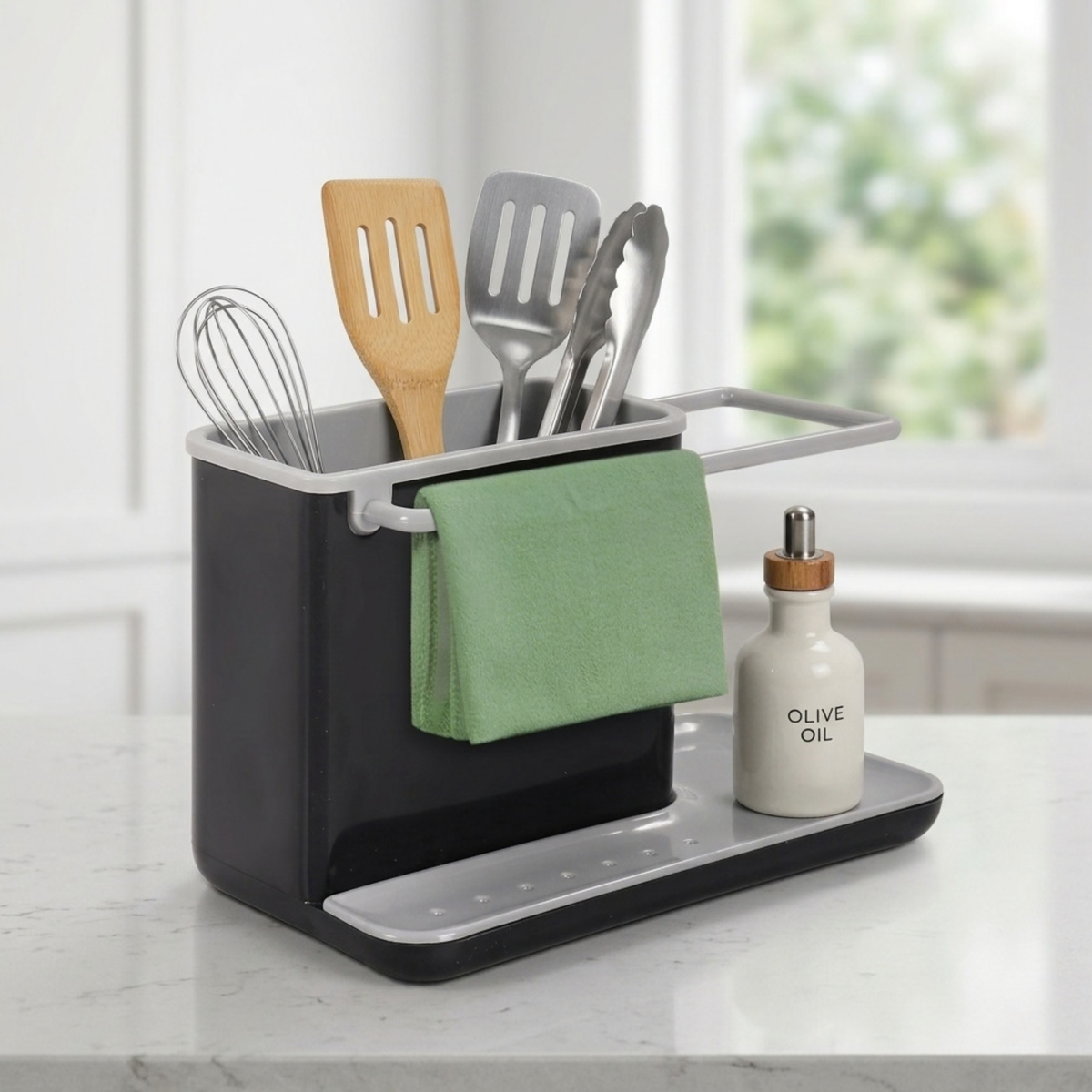 Fingey Premium Sink Caddy with Towel Holder, Removable Drain Tray, Drainage Holes, Kitchen Sink Organiser for Sponge, Dishcloth and Cleaning Accessories, 21 x 11 x 13.5 cm