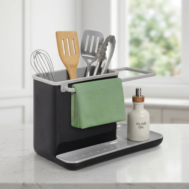 Fingey Premium Sink Caddy with Towel Holder, Removable Drain Tray, Drainage Holes, Kitchen Sink Organiser for Sponge, Dishcloth and Cleaning Accessories, 21 x 11 x 13.5 cm