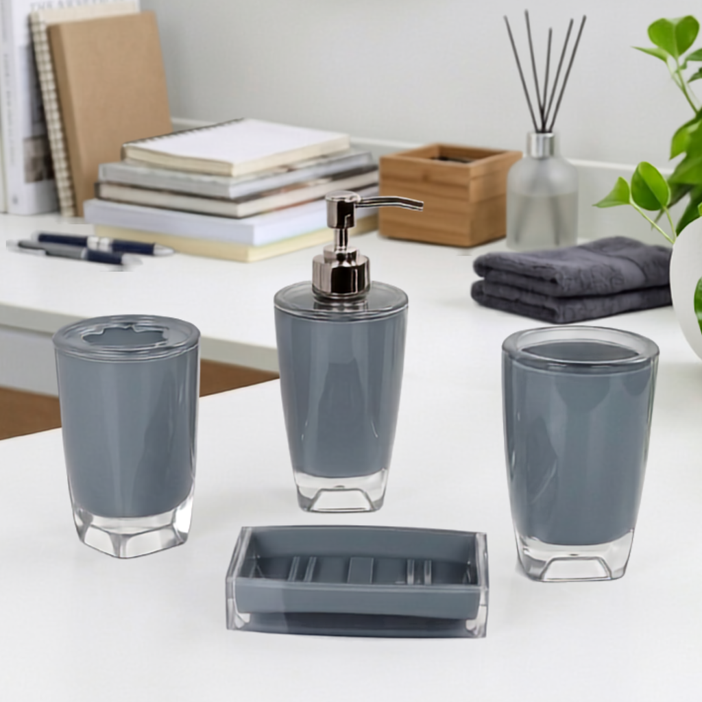 Modern Design 4 Piece Bathroom Accessory Set, Soap Dish, Tooth Brush Holder, Soap Dispenser, Rinse Cup (Grey)