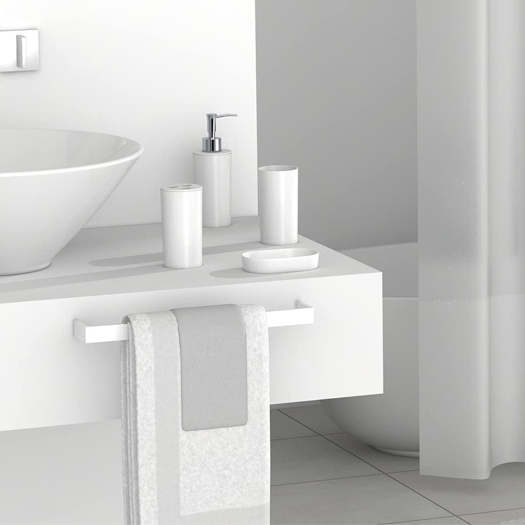 Modern Design 7 Piece Plastic Bathroom Accessory Set, Soap Dish, Tooth Brush Holder, Soap Dispenser, Tumbler, Shower Curtain, Curtain Rings and Bathmat (White)