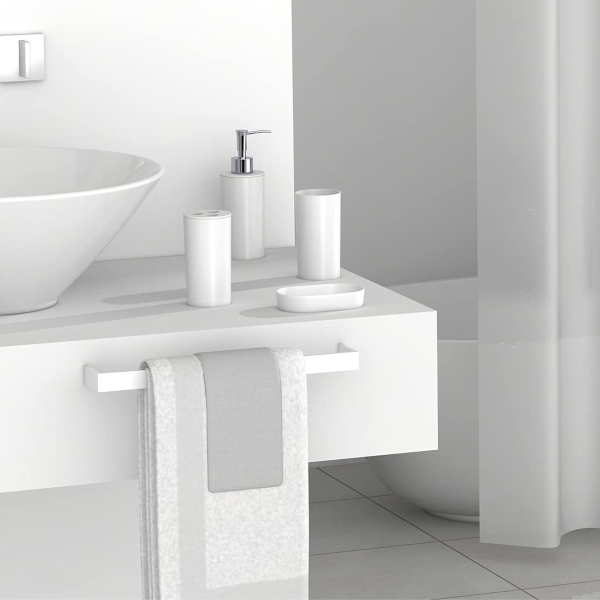 Modern Design 7 Piece Plastic Bathroom Accessory Set, Soap Dish, Tooth Brush Holder, Soap Dispenser, Tumbler, Shower Curtain, Curtain Rings and Bathmat (White)