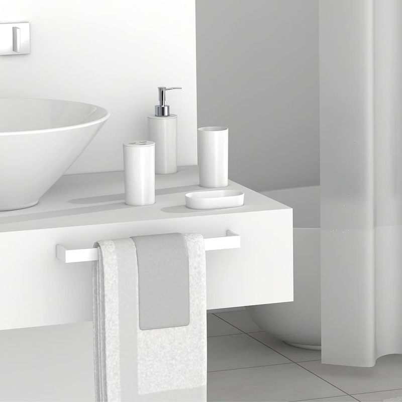 Modern Design 7 Piece Plastic Bathroom Accessory Set, Soap Dish, Tooth Brush Holder, Soap Dispenser, Tumbler, Shower Curtain, Curtain Rings and Bathmat (White)