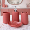 Modern Design 4 Piece Bathroom Accessory Set, Soap Dish, Tooth Brush Holder, Soap Dispenser, Rinse Cup (Dark Pink)