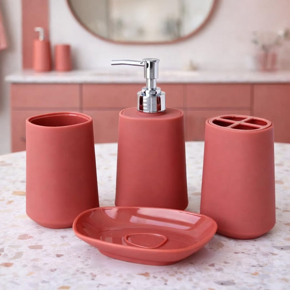 Modern Design 4 Piece Bathroom Accessory Set, Soap Dish, Tooth Brush Holder, Soap Dispenser, Rinse Cup (Dark Pink)