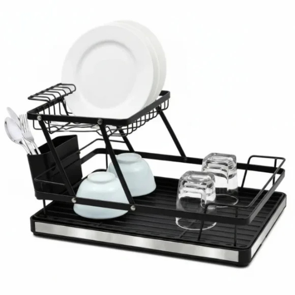 Fingey 2 Tier Folding Dish Drying Rack with Removable Drip Tray, Black Metal Plate Drainer with Cutlery Holder, Space-Saving Foldable Kitchen Dish Rack for Plates, Bowls, Cups and Glasses