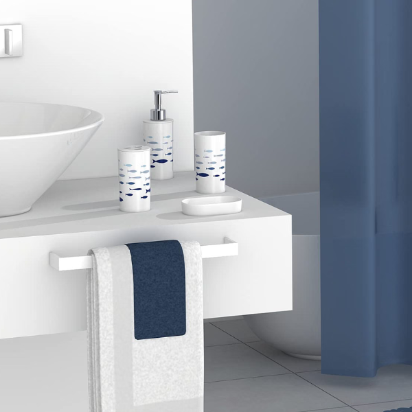 Modern Design 7 Piece Plastic Bathroom Accessory Set, Soap Dish, Tooth Brush Holder, Soap Dispenser, Tumbler, Shower Curtain, Curtain Rings and Bathmat (Blue)
