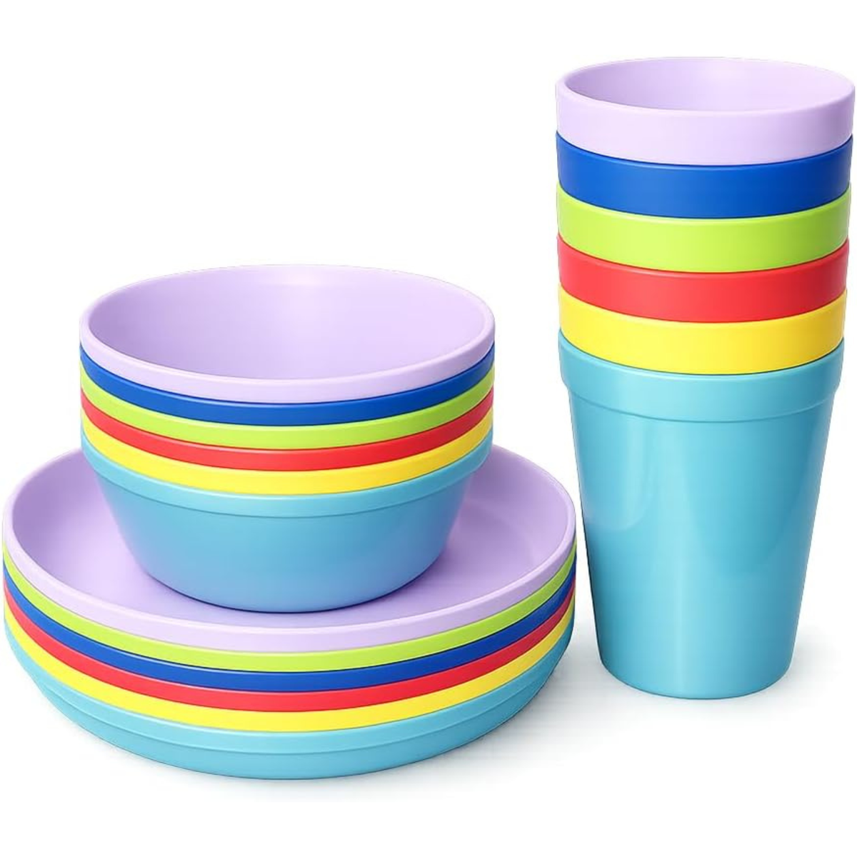 Plastic Dinnerware Set of 18 Pieces, Reusable Light Weight Plates Mugs Bowls Dishes Microwave Safe BPA Free Dishwasher Safe Service for 6 (Multi 18 Piece)
