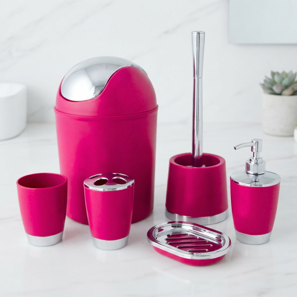 Bathlux Modern Design 6 Piece Bathroom Accessory Set, Toilet Brush, Waste Bin, Soap Dish, Tooth Brush Holder Soap Dispenser, Rinse Cup (Dark Pink)