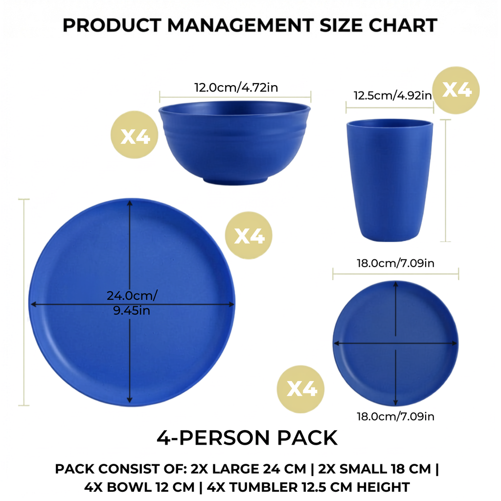 Plastic Dinnerware Set of 16 Pieces, Reusable Light Weight Plates Mugs Bowls Dishes Microwave Safe BPA Free Dishwasher Safe Service for 4 (Blue)