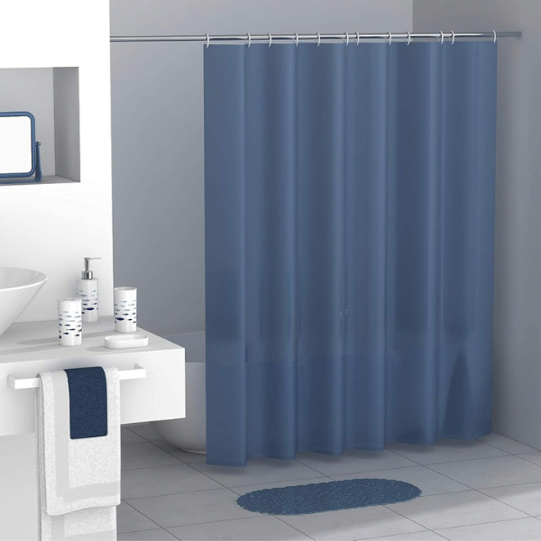 Modern Design 7 Piece Plastic Bathroom Accessory Set, Soap Dish, Tooth Brush Holder, Soap Dispenser, Tumbler, Shower Curtain, Curtain Rings and Bathmat (Blue)