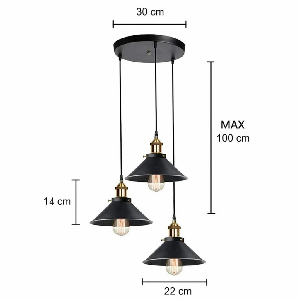 Fingey Set of 3 Industrial Ceiling Pendant Lights, Black Metal Cone Shades with Brass Gold Fittings, Adjustable Hanging Chandelier for Kitchen Island, Dining Room, Living Room, Bedroom, 22cm Shade