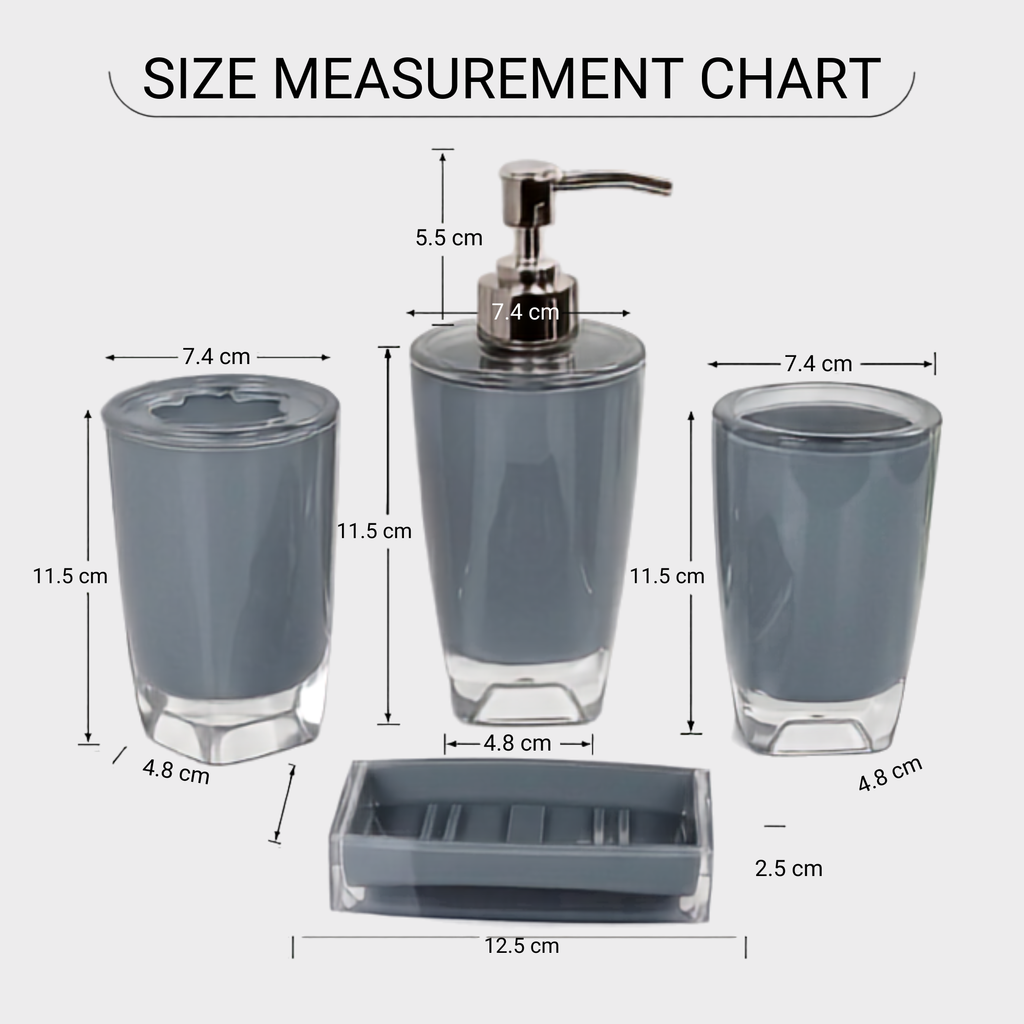 Modern Design 4 Piece Bathroom Accessory Set, Soap Dish, Tooth Brush Holder, Soap Dispenser, Rinse Cup (Grey)