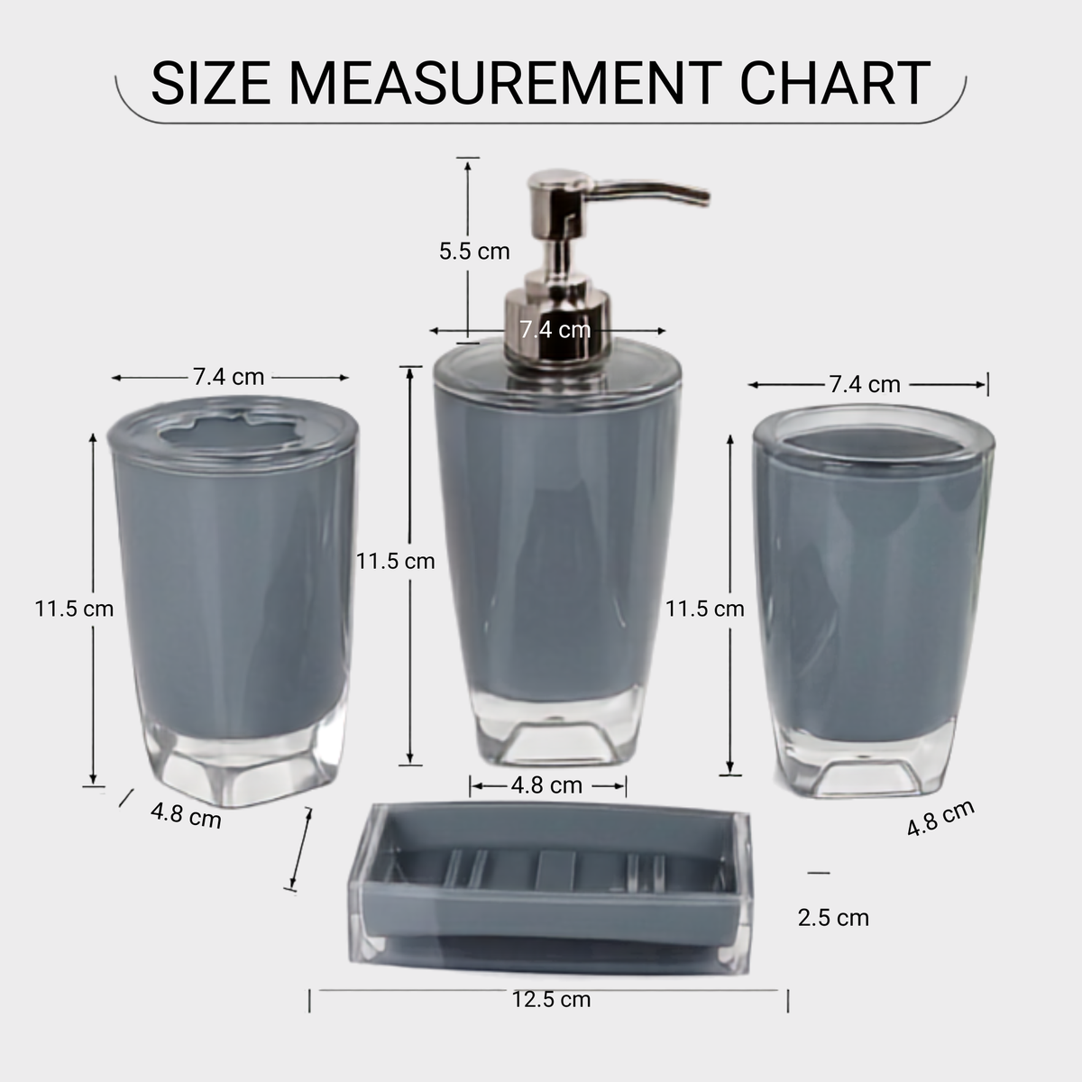 Modern Design 4 Piece Bathroom Accessory Set, Soap Dish, Tooth Brush Holder, Soap Dispenser, Rinse Cup (Grey)