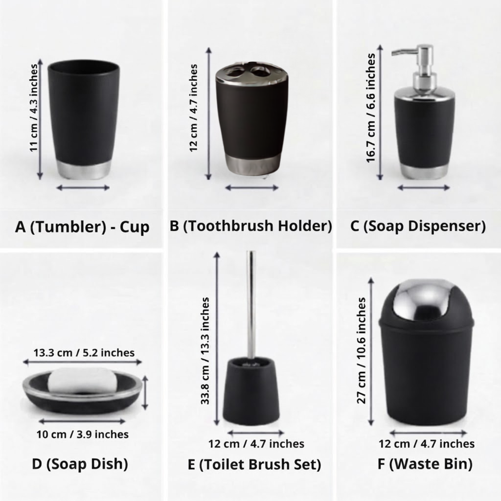 Bathlux Modern Design 6 Piece Bathroom Accessory Set, Toilet Brush, Waste Bin, Soap Dish, Tooth Brush Holder Soap Dispenser, Rinse Cup (Black)