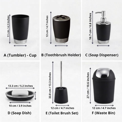 Bathlux Modern Design 6 Piece Bathroom Accessory Set, Toilet Brush, Waste Bin, Soap Dish, Tooth Brush Holder Soap Dispenser, Rinse Cup (Black)