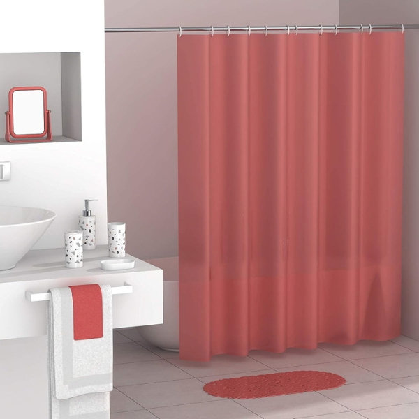 Modern Design 7 Piece Plastic Bathroom Accessory Set, Soap Dish, Tooth Brush Holder, Soap Dispenser, Tumbler, Shower Curtain, Curtain Rings and Bathmat (Red)