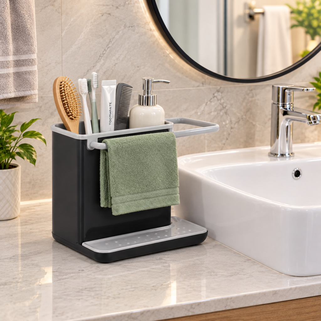 Fingey Premium Sink Caddy with Towel Holder, Removable Drain Tray, Drainage Holes, Kitchen Sink Organiser for Sponge, Dishcloth and Cleaning Accessories, 21 x 11 x 13.5 cm