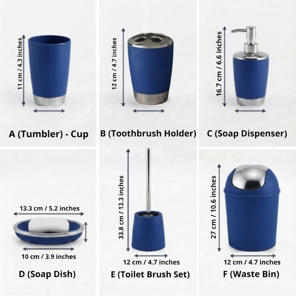 Bathlux Modern Design 6 Piece Bathroom Accessory Set, Toilet Brush, Waste Bin, Soap Dish, Tooth Brush Holder Soap Dispenser, Rinse Cup (Blue)