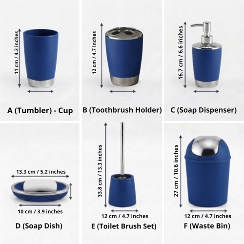 Bathlux Modern Design 6 Piece Bathroom Accessory Set, Toilet Brush, Waste Bin, Soap Dish, Tooth Brush Holder Soap Dispenser, Rinse Cup (Blue)
