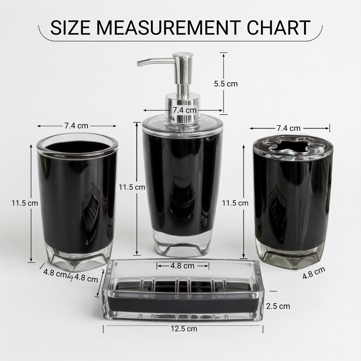 Modern Design 4 Piece Bathroom Accessory Set, Soap Dish, Tooth Brush Holder, Soap Dispenser, Rinse Cup (Black)