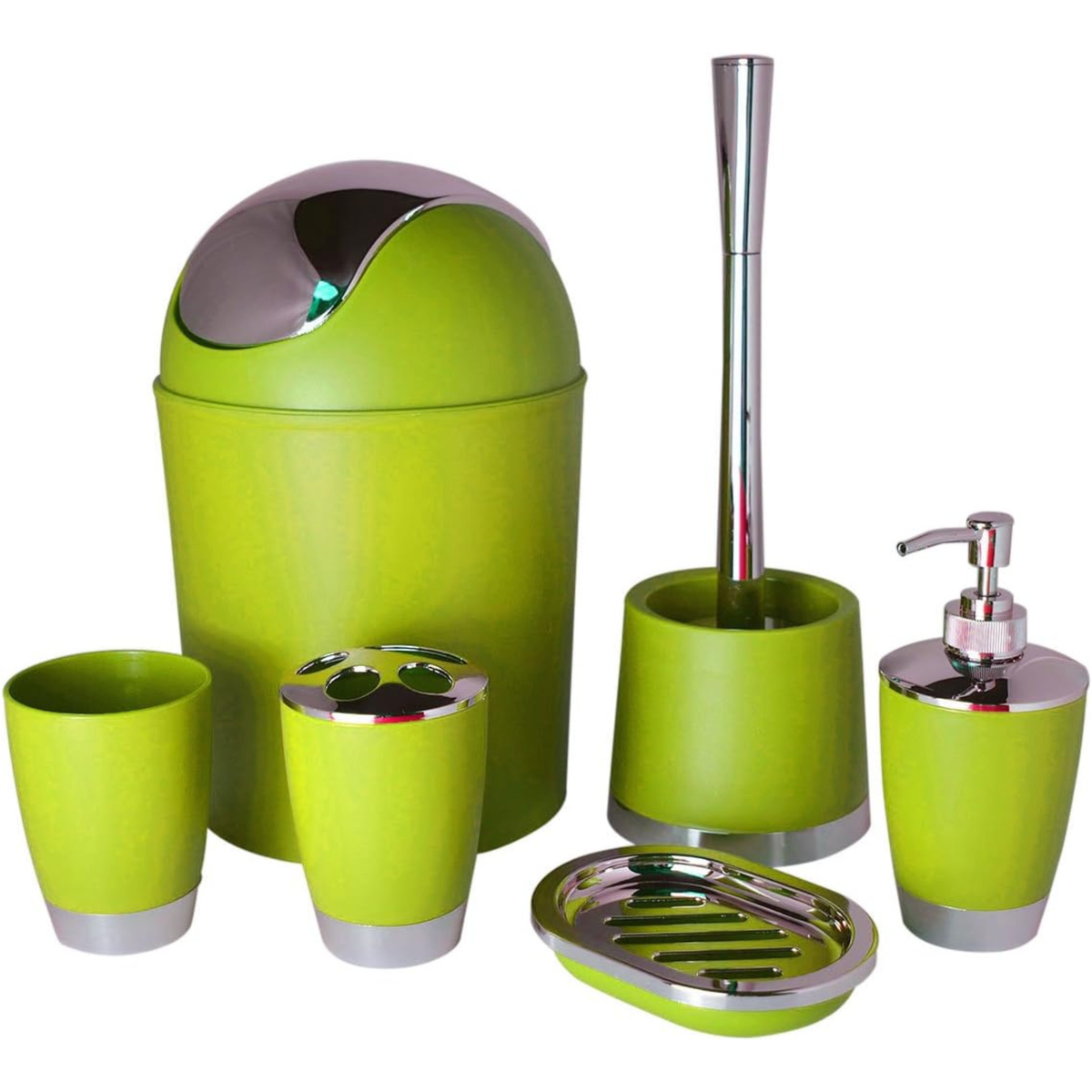 Bathlux Modern Design 6 Piece Bathroom Accessory Set, Toilet Brush, Waste Bin, Soap Dish, Tooth Brush Holder Soap Dispenser, Rinse Cup (Green)