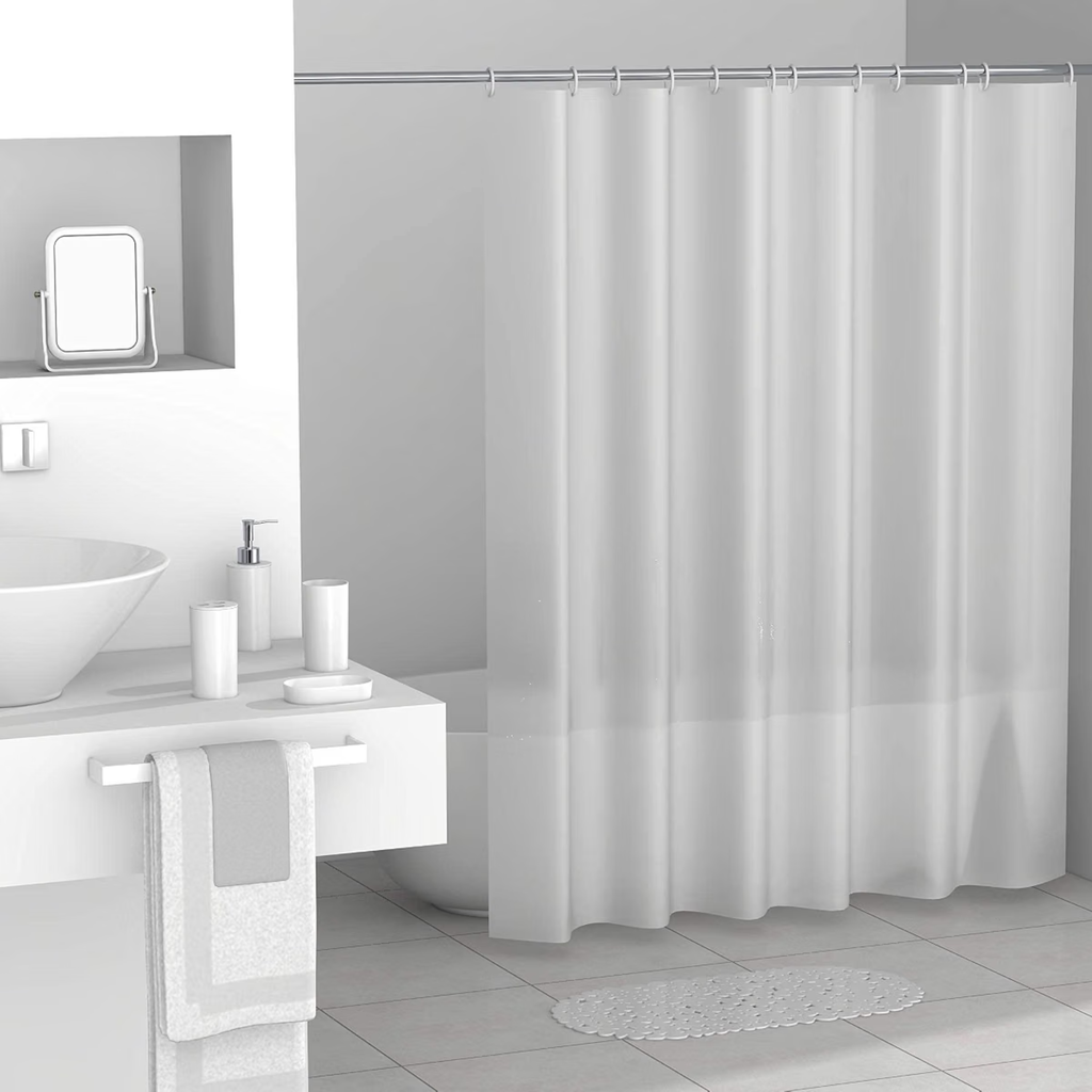 Modern Design 7 Piece Plastic Bathroom Accessory Set, Soap Dish, Tooth Brush Holder, Soap Dispenser, Tumbler, Shower Curtain, Curtain Rings and Bathmat (White)