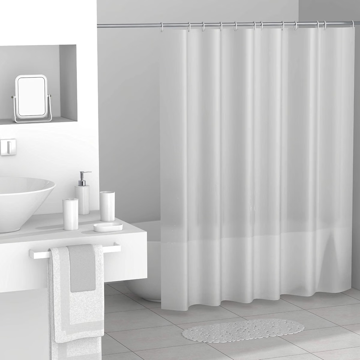 Modern Design 7 Piece Plastic Bathroom Accessory Set, Soap Dish, Tooth Brush Holder, Soap Dispenser, Tumbler, Shower Curtain, Curtain Rings and Bathmat (White)