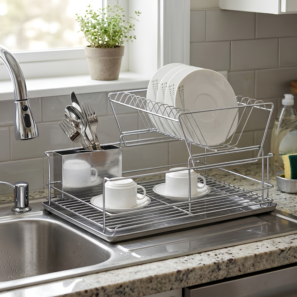 Stainless Steel Dish Drainer with Drip Tray and Cutlery Holder (2 Tier Steel)