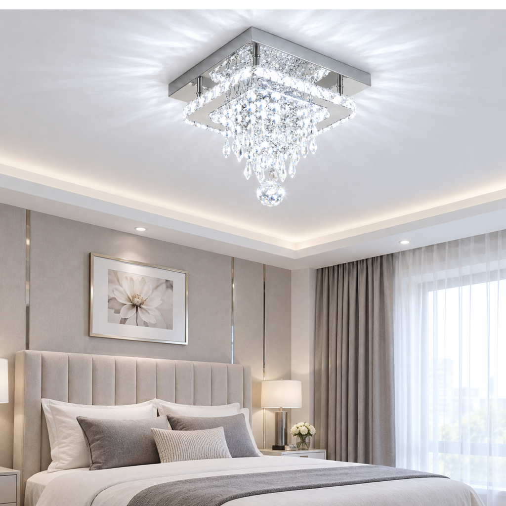 Fingey Crystal Flush Mount Ceiling Light, 25 × 25 cm Square Chrome Finish Ceiling Lamp with K9 Crystal Drops and Faceted Crystal Sphere