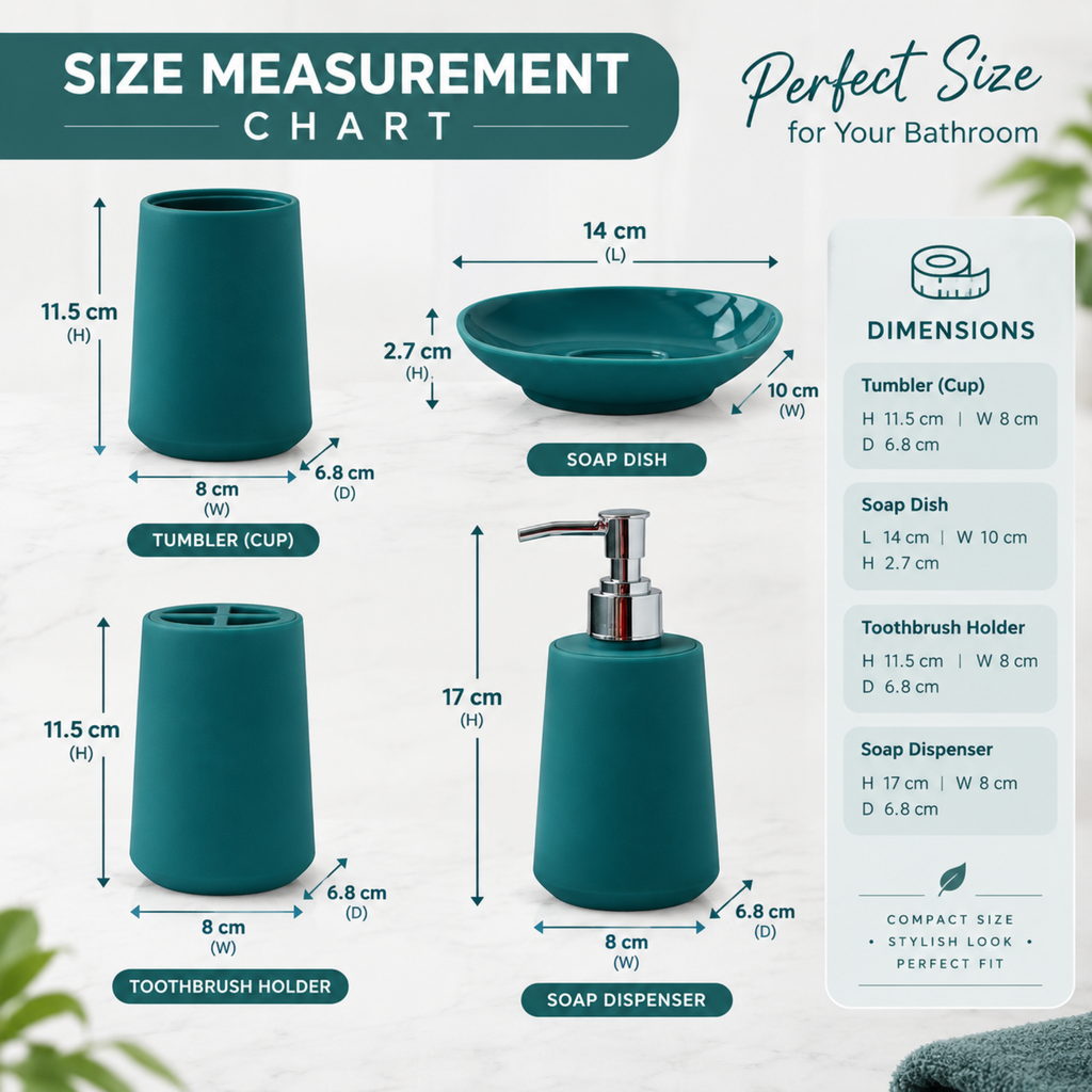 Modern Design 4 Piece Bathroom Accessory Set, Soap Dish, Tooth Brush Holder, Soap Dispenser, Rinse Cup (Teal)