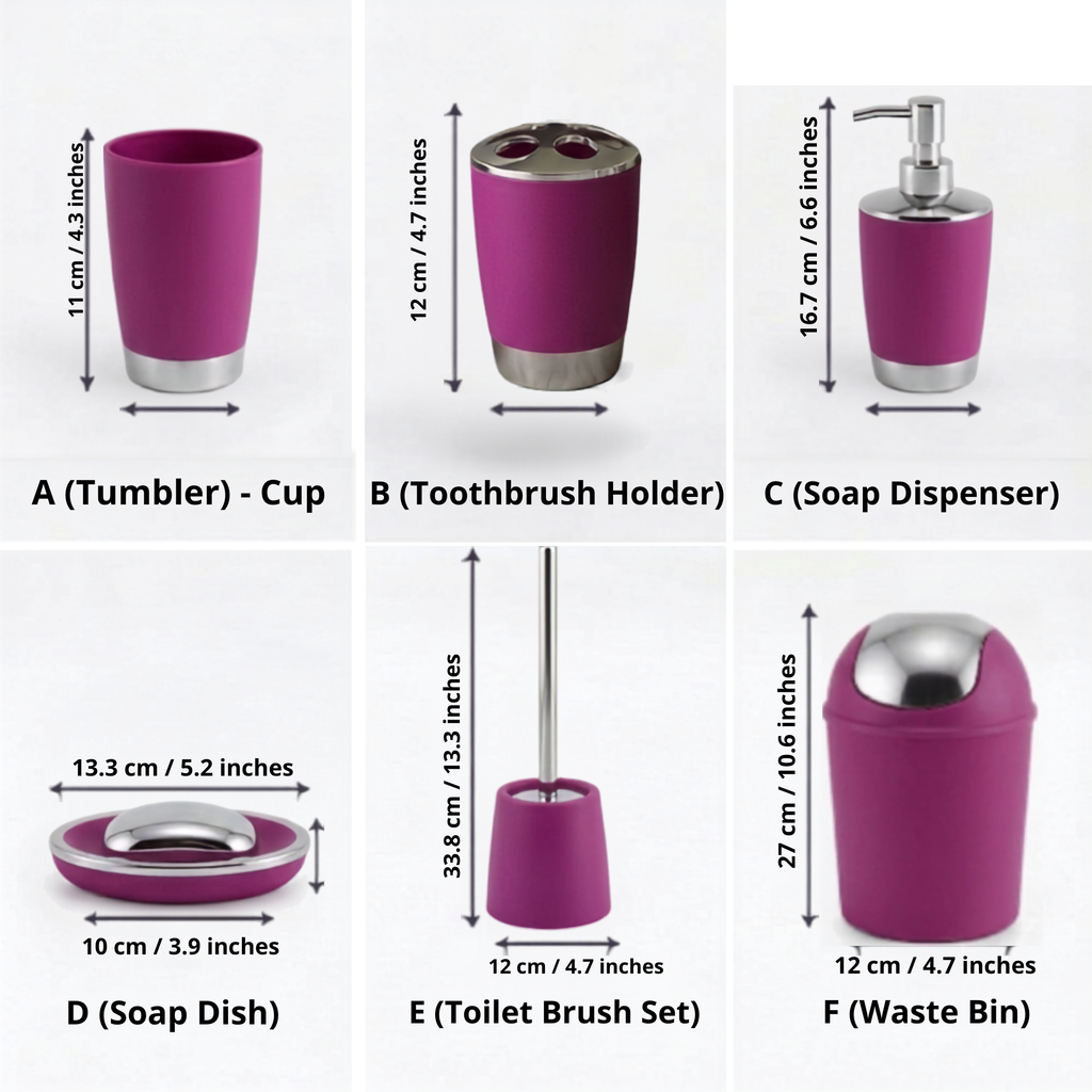 Bathlux Modern Design 6 Piece Bathroom Accessory Set, Toilet Brush, Waste Bin, Soap Dish, Tooth Brush Holder Soap Dispenser, Rinse Cup (Purple)